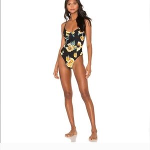 Onia X Weworewhat Danielle Belted One Piece Swimsuit Black Yellow Rose Print XS